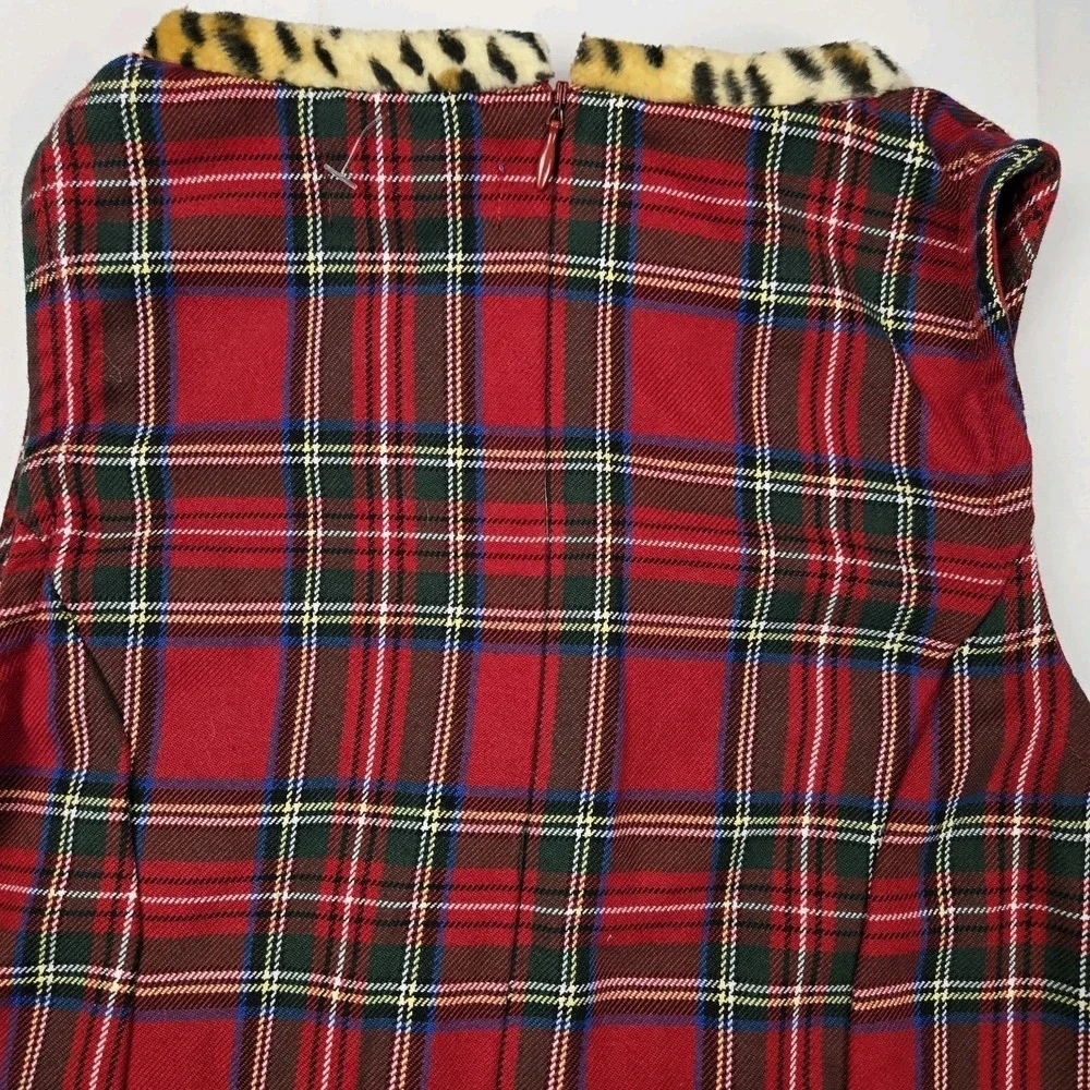 The Children's Place Girls Plaid Sleeveless Holiday Dress Size 8 w/ Leopard Trim